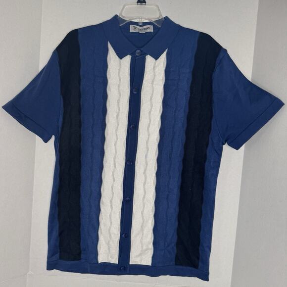 Stacy Adams Mens Knit Button Shirt LGE Blue White Vertical Striped Retro Polo - Picture 2 of 8